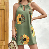 Ladies' Sunflower Butterfly Print Sleeveless Dress – Neck Hanging and Hollow Design for Casual Elegance