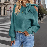 Bow Shoulder Cut-Out Knit Sweater