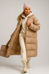 Women's long beige puffer coat with hood and casual winter outfit