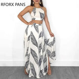 Women Leaf Print Backless Two Pieces Dress Cami Top & Split Maxi Set Dress-1