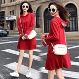 Hooded Casual Dress with Long Sleeves-Red-1