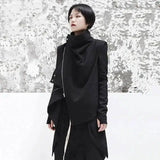Turtleneck Long Sleeve Black Zip Irregular Coat-1