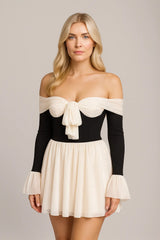 レディース・オフショルダー・カラーマッチングドレス