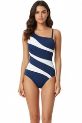 Navy blue and white one-shoulder swimsuit - elegant women's one-piece swimwear