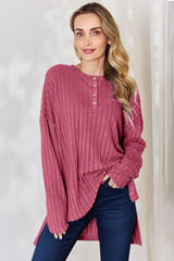 Basic Bae Full Size Ribbed Half Button Long Sleeve High-Low T-Shirt-Hot Pink-16