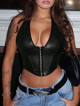 Leather Halter Crop Bustier