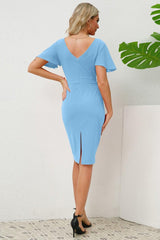 Slit Round Neck Flutter Sleeve Dress-4