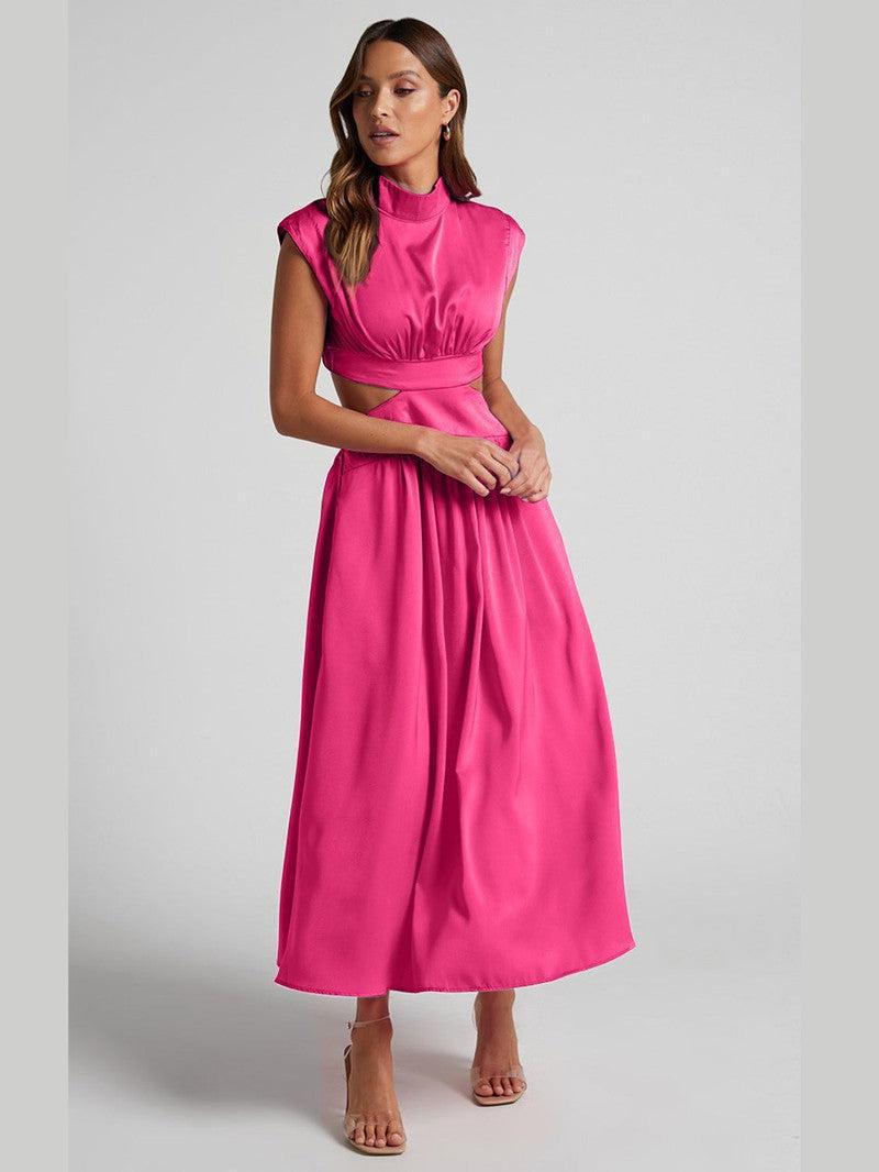 Cutout Mock Neck Sleeveless Ruched Dress-Hot Pink-29