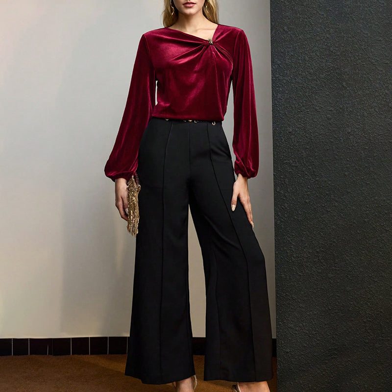 Velvet Twist Knot V-Neck Blouse