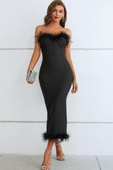 Feather Trim Strapless Sweetheart Neck Dress-Black-1