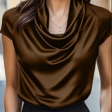 Shiny Cowl Neck Ruched Blouse
