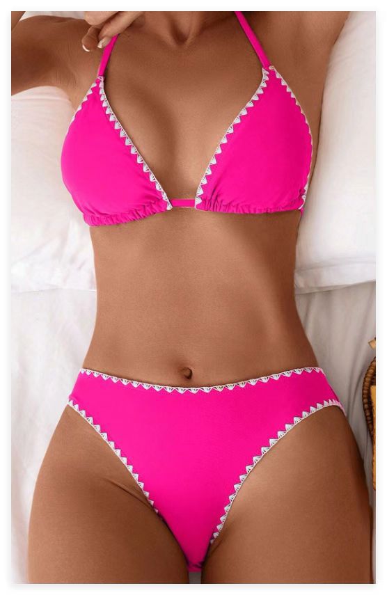 Solid-color Floral-print Halter-style Two-piece Swimsuit