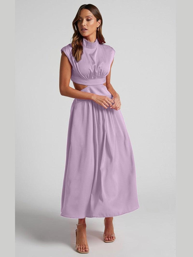 Cutout Mock Neck Sleeveless Ruched Dress-Lavender-34