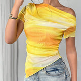 One-Shoulder Tie Dye Mesh Tee