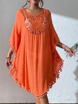 Tassel Cutout Scoop Neck Cover-Up Dress-Orange-7