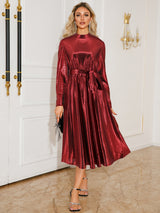 Tie Waist Long Sleeve Midi Dress-Burgundy-9