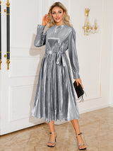 Tie Waist Long Sleeve Midi Dress-3