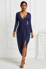 High-low Ruched Surplice Long Sleeve Dress-Navy-37