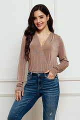 V-Neck Long Sleeve Bodysuit-Mocha-1