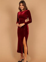 Cutout Side Slit Boat Neck Long Sleeve Dress-4