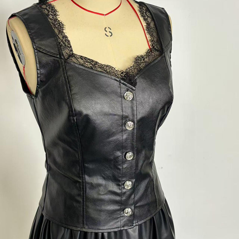 Faux Leather Lace Trim Vest