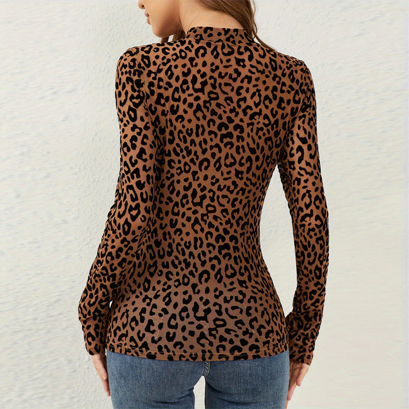 Sheer Leopard Stand Collar Top