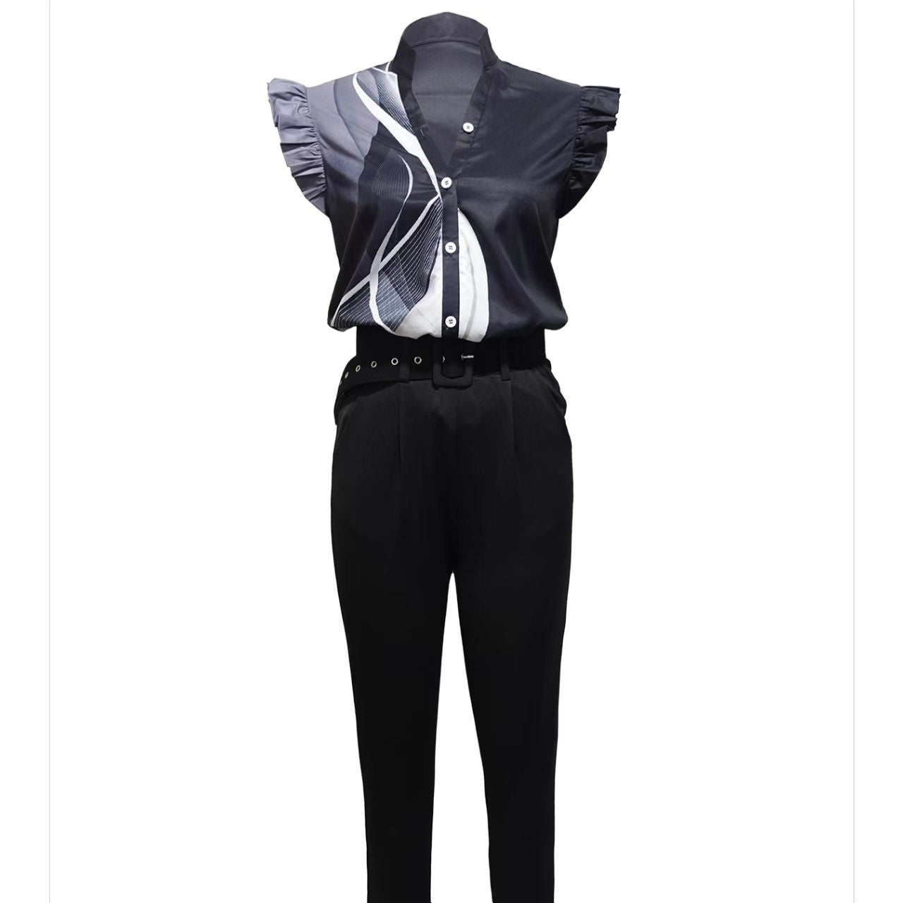 Ladies' V-Neck Button-Up Petal Sleeve Off-Shoulder Shirt – Elegant and Versatile Printed Set