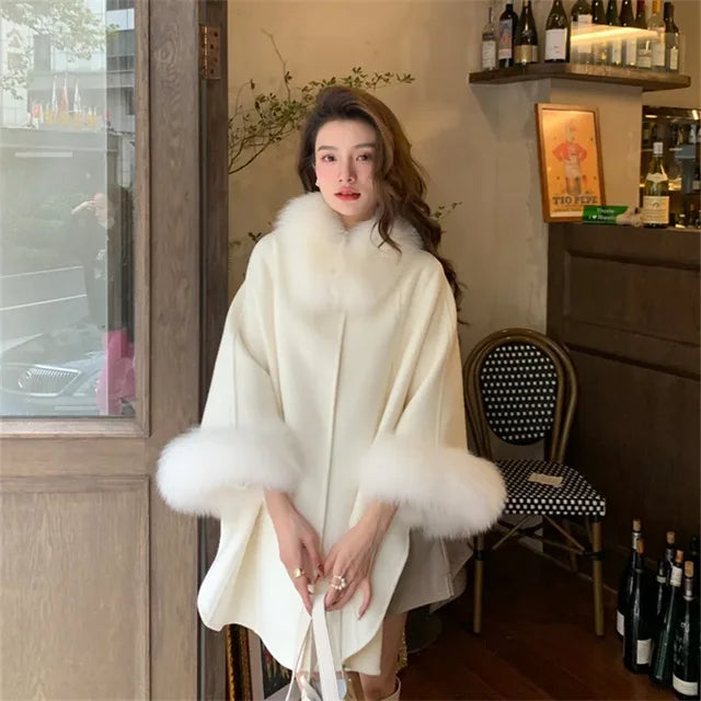 Fur Sleeve Detachable Real Fox Fur Collar Coat Wool 2024 New Autumn Winter Women's Warm A-line Jacket Luxury Thick Female Coat-White-7