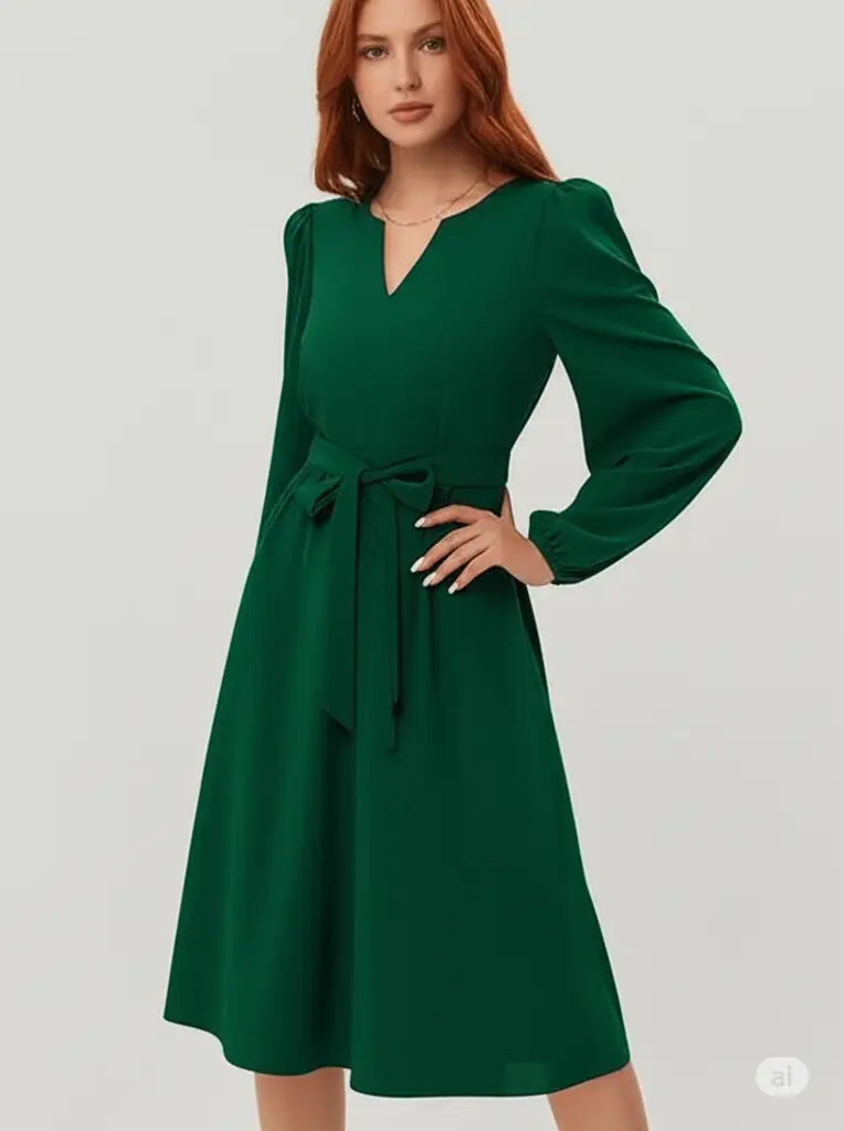 秋と冬のヨーロッパとアメリカの女性の服の長袖小さなVネックレースアップドレス