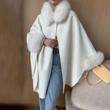 New Fashion Camel Color Big Cape Woolen Real Fox Fur Collar Poncho Luxurious Winter Shawl with Fur Cuffs