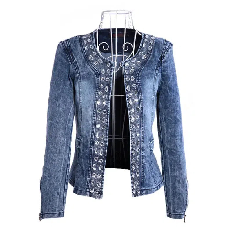 Women's Sequined Denim Jacket with Crystal Accents-Blue-3