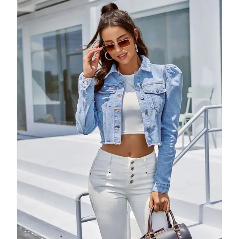 Puff-Sleeve Cropped Denim Jacket for Women