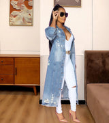 Distressed Longline Denim Jacket – Trendy and Versatile-Blue-3