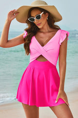 Cutout V-Neck Cap Sleeve One-Piece Swimwear-Pink-6