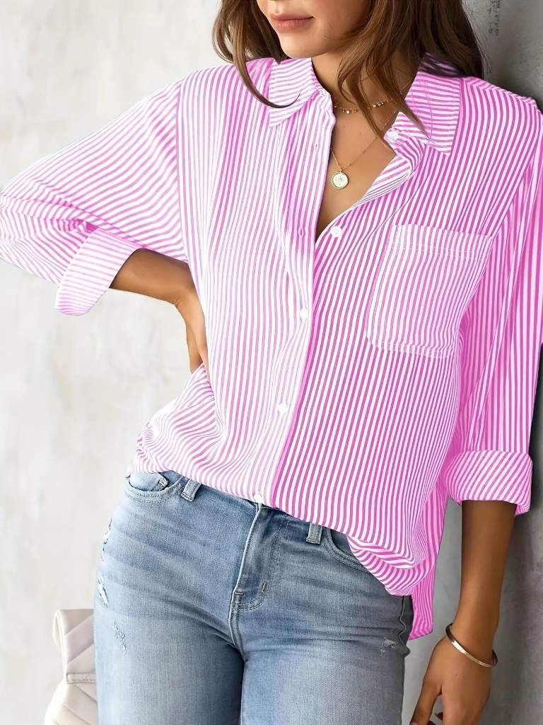 Ladies' Classic Striped Print Long Sleeve Shirt with Pockets – Casual & Functional