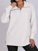 ฺHigh-Low Quarter Zip Long Sleeve Sweatshirt-White-1