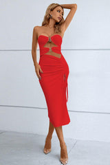 Cutout Strapless Drawstring Detail Split Bandage Dress-3