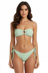 Mint green ribbed bandeau bikini set with front ring detail and side-tie bottoms, minimal swimwear on white background