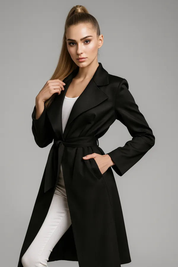 Classic black belted coat for women - elegant long sleeve outerwear
