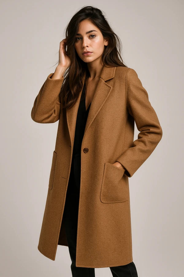 Orange belted trench coat for women – stylish long wrap coat with contrast lapels