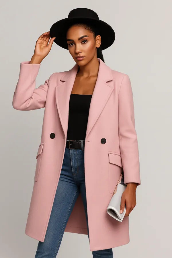 Elegant pastel pink wool coat for women – chic longline blazer style outerwear
