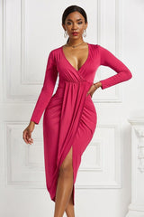 High-low Ruched Surplice Long Sleeve Dress-4