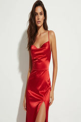 Elegant red satin dress with slit and cowl neckline for women