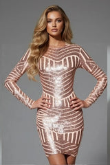 Elegant rose gold sequin long sleeve bodycon mini dress with geometric pattern for women