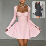 Fashion Low-Neck A-Line Dress - Chic Long-Sleeved Party & Evening Wear