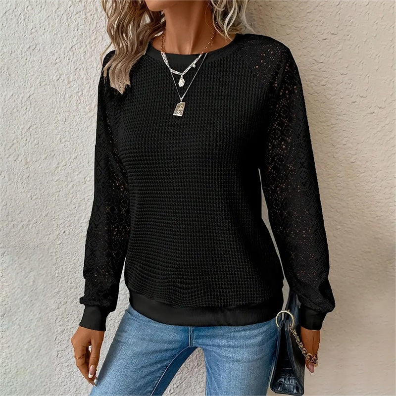 Lace Waffle Knit Long Sleeve Top