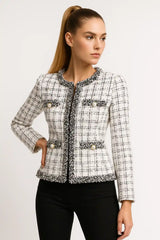 Women’s white tweed cropped jacket with pearl buttons – elegant chic blaze