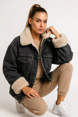 Women’s black denim jacket with faux shearling collar – cozy oversized fall outerwear