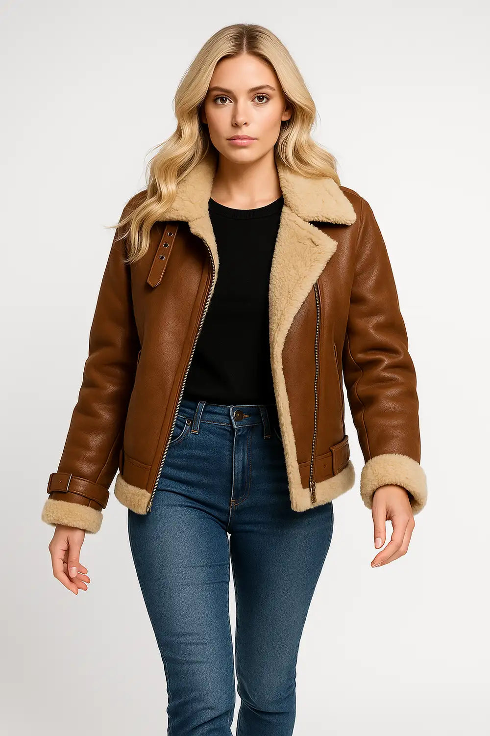 Women's brown shearling aviator jacket – cropped leather coat with faux fur collar and cuffs 3