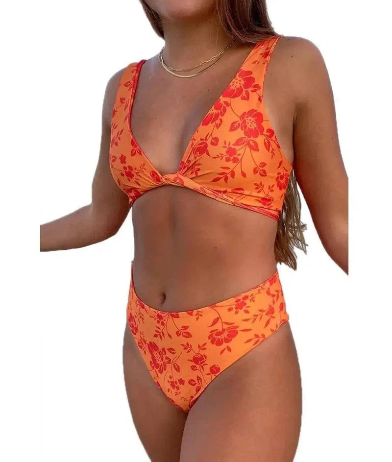 Fashion Cutout Lace-Up Halter Swimsuit-Orange-2